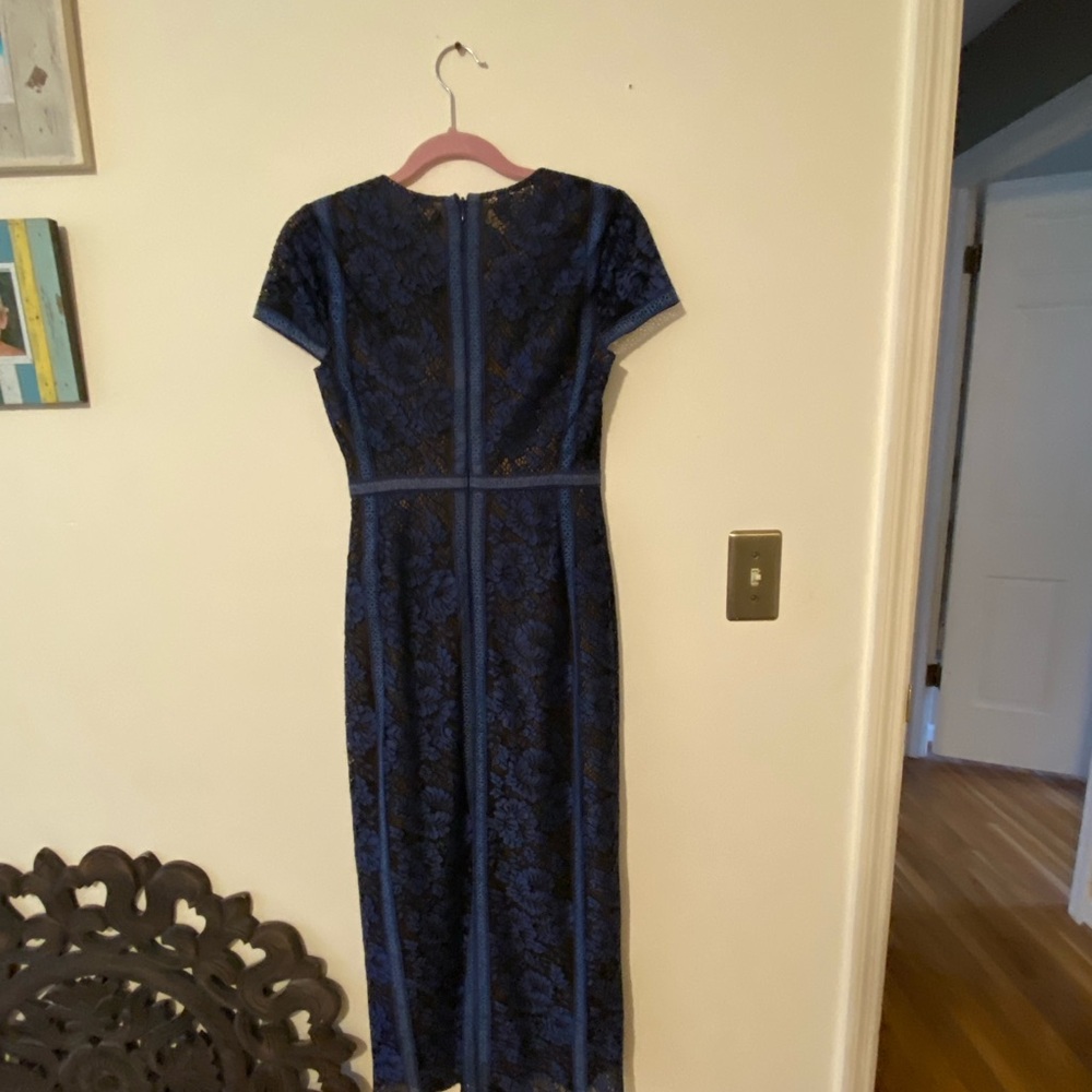 BCBGMaxAzria Navy Blue Lace Maxi Dress with Cap Sleeves - Picture 9 of 15